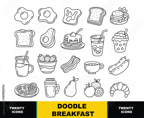 Collection of black and white doodle icons representing breakfast foods and drinks drawing