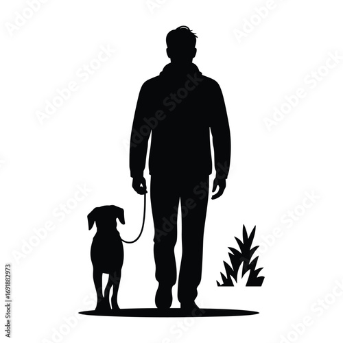Black silhouette of a man walking a dog on a leash with grass vector