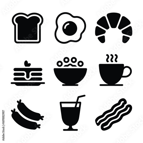 Black silhouette icons of breakfast food and drinks arranged in a grid vector