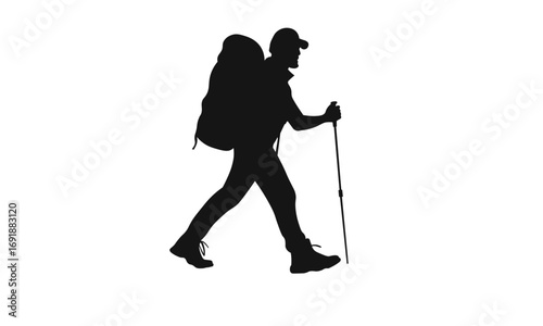 A simple black silhouette of a hiker with a large backpack and trekking pole, representing adventure, trekking, and outdoor exploration