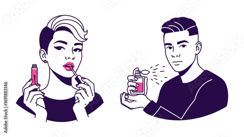 Modern stylish woman applying lipstick and handsome man spraying perfume representing beauty and personal grooming products for men and women