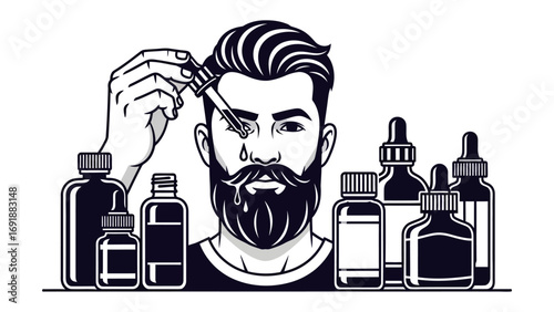 Close up illustration of a stylish bearded man applying beard oil with a dropper surrounded by various grooming product bottles on a white background