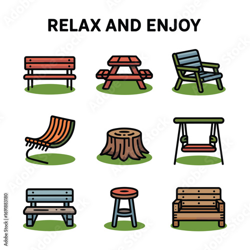 Collection of nine colorful outdoor seating and relaxation objects bench picnic table