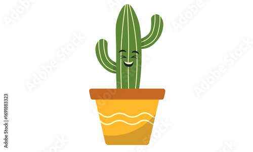 A cartoon cactus with a happy expression, standing in a yellow pot.