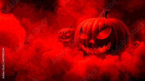 Spooky Halloween pumpkins with menacing expressions emerging from a red foggy background