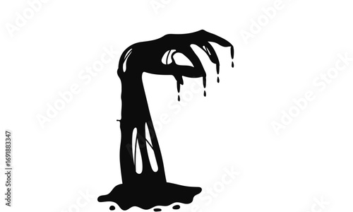 A black, inky, monstrous hand with dripping fingers emerges from a puddle of dark liquid against a stark white background.