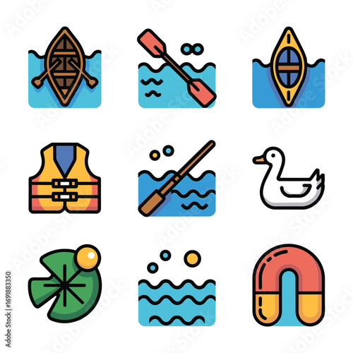 Set of nine playful water activity and nature icons canoe kayak