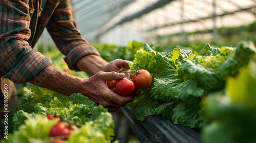 A farmer harvesting tomatoes and lettuce inside of a greenhouse farm