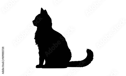 Graceful black silhouette of a cat sitting in profile. A minimalist and elegant feline icon representing domestic pets and quiet companionship isolated on a white background