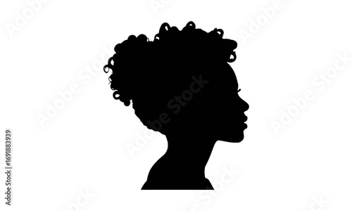 Elegant profile silhouette of a young woman showcasing natural curly hair, symbolizing grace, diversity, and strength in a minimalist and striking design