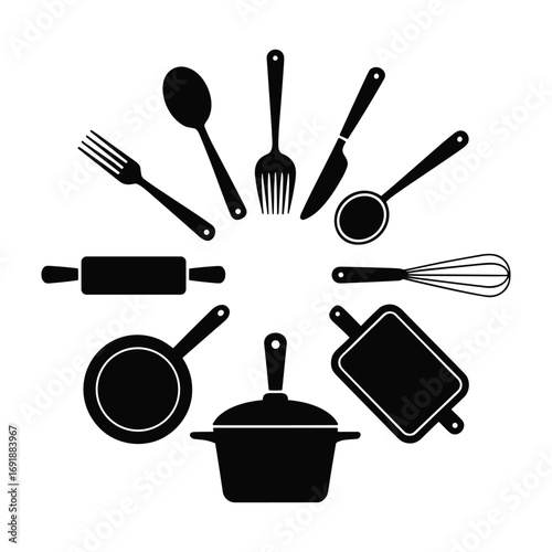 Black silhouette kitchen utensils arranged in a circle on a white background cooking food