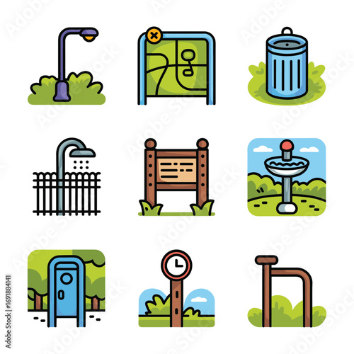 Set of nine colorful cartoon park amenities and signs icons illustration