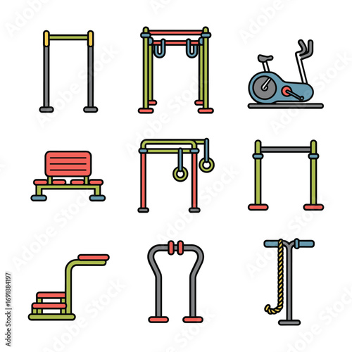 A collection of nine colorful flat design outdoor fitness equipment icons outdoor gym equipment fitness icons