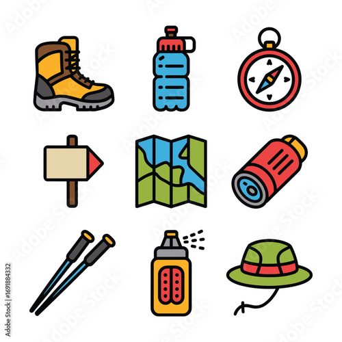 A set of nine colorful flat design icons representing hiking and outdoor adventure gear hiking boot yellow brown grey