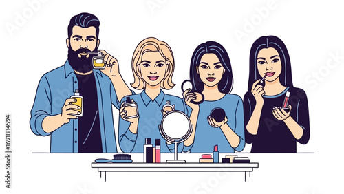 Diverse group of four people including a bearded man and three women applying makeup and skincare products together in a fun and engaging way