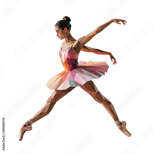 Ballet dancer performing an elegant leap in a colorful costume with a geometric design in a studio setting