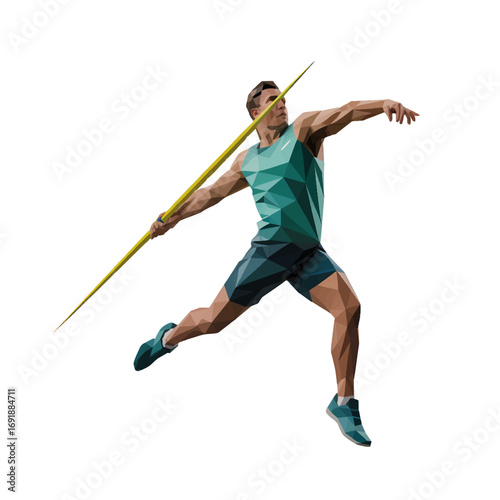 Javelin thrower performing a powerful throw during an athletic competition in a vibrant geometric style