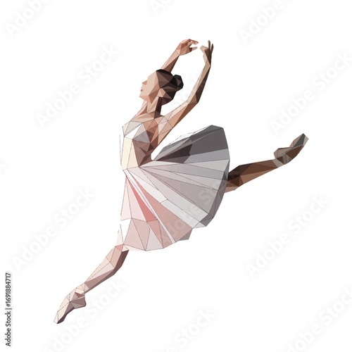 Ballet dancer performing an elegant leap in a colorful costume with a geometric design in a studio setting