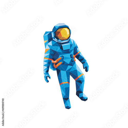 Colorful geometric astronaut design floating in space with a vibrant background of stars and planets