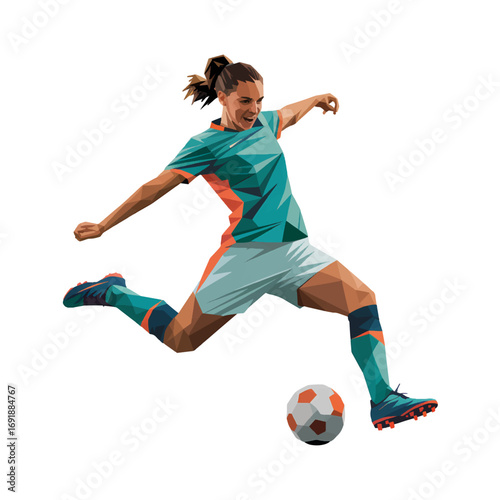 Dynamic female soccer player kicking ball in colorful geometric style artwork displayed in bright colors