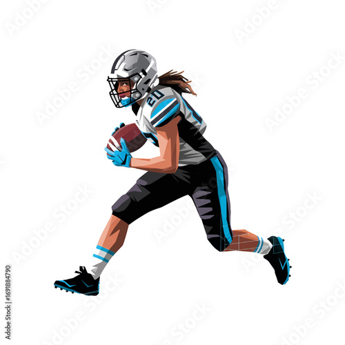 Player runs with football during dynamic play on the field in a football uniform on a bright day