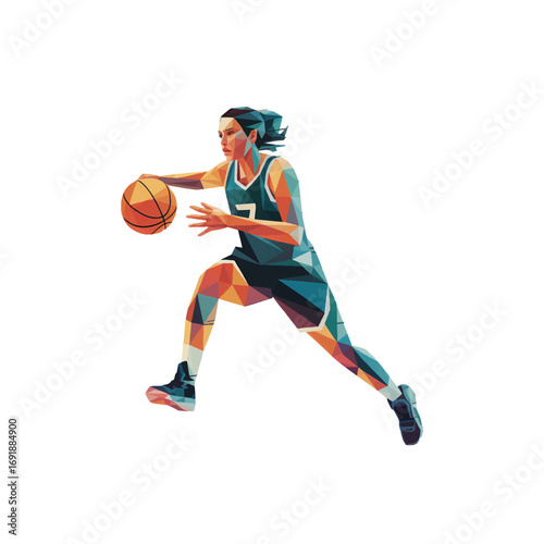 Dynamic basketball player dribbling towards the hoop during an intense game