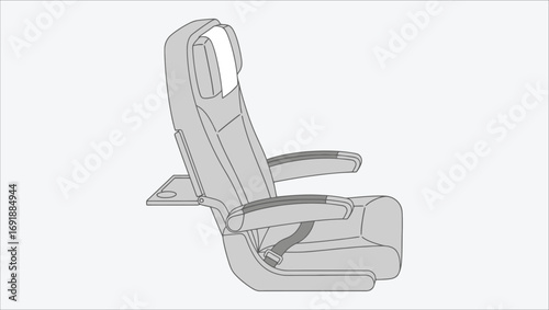 Monochrome vector illustration of an empty airplane seat with a seatbelt, an icon for aviation and passenger transport on a white background