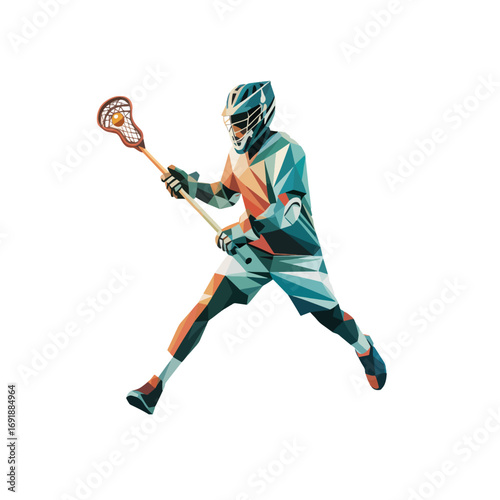 Vibrant lacrosse player in dynamic pose during a game in a colorful geometric style