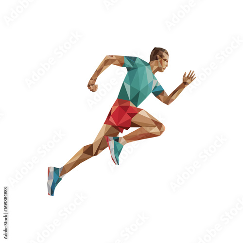 Running athlete in geometric design showcases movement and energy during a daytime workout session