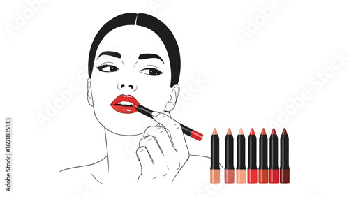 Stylish illustration of a woman applying vibrant red lipstick with a collection of colorful lip liners and pencils arranged beside her