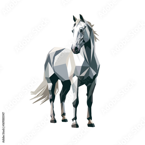 Stylized geometric white horse sculpture on a plain background showcasing artistic design
