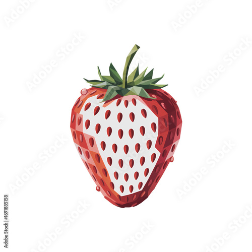 Bright red strawberry with geometric design and vivid green leaves on a white background