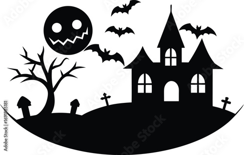  halloween background with Haunted House, tree and bats silhouette vector illustration