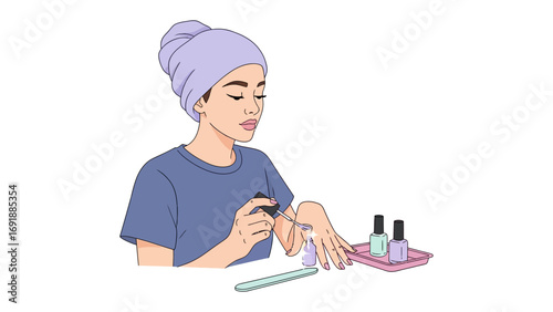 Young woman with a towel on her head applying nail polish to her fingernails with bottles of polish nearby