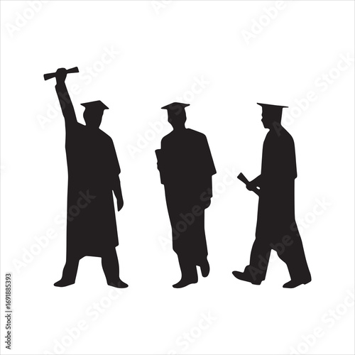  Set of graduated men silhouette vector on white, education.
