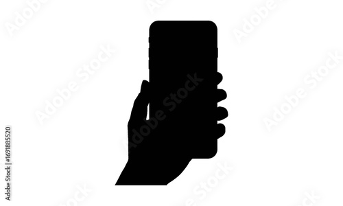 Black silhouette of a human hand holding a modern smartphone device vertically against a plain white background.