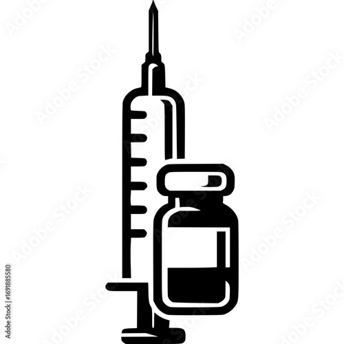 Vaccine and Syringe: A clean, crisp, monochromatic image of a vaccine vial and syringe, symbolizing medical care, immunization, and scientific advancement.