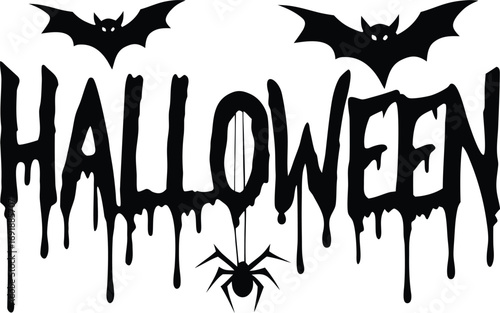 spooky halloween greeting with dripping text bats spider and web on white background