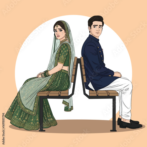 Indian Wedding Couple Sitting Back-to-Back in Traditional Attire Illustration