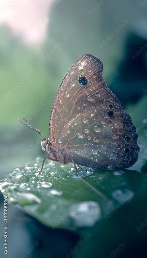 Fototapeta premium Macro shot of butterfly wings glistening with dew drops on a leaf