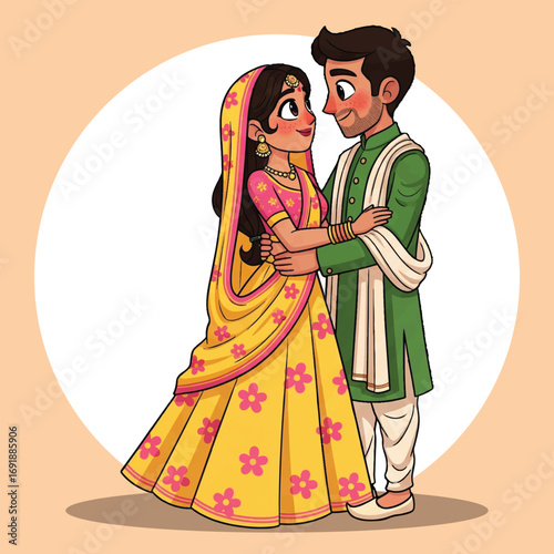 Cartoon Indian Bride and Groom in Traditional Wedding Attire Illustration