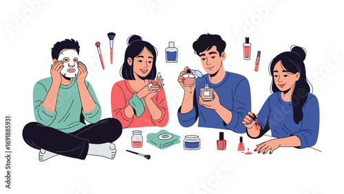 Diverse group of young adults enjoying a fun skincare and beauty routine together applying face masks and nail polish for self care