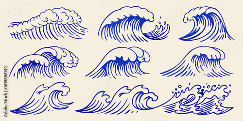 Collection of nine stylized blue wave illustrations in a japanese art style on a cream background