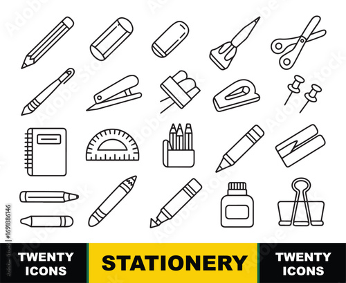 Collection of black outline stationery icons on white background with text pencil eraser