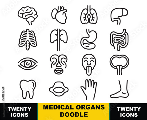 Collection of black outline medical organ icons on white background with text brain heart