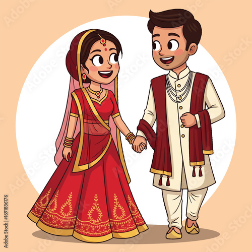 Cartoon Illustration of Indian Bride and Groom in Traditional Wedding Attire