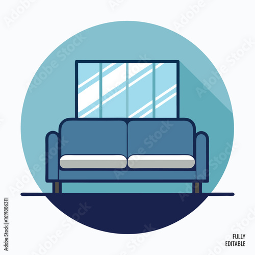 Vector art of modern blue sofa with cushions in front of a window with blue panes..