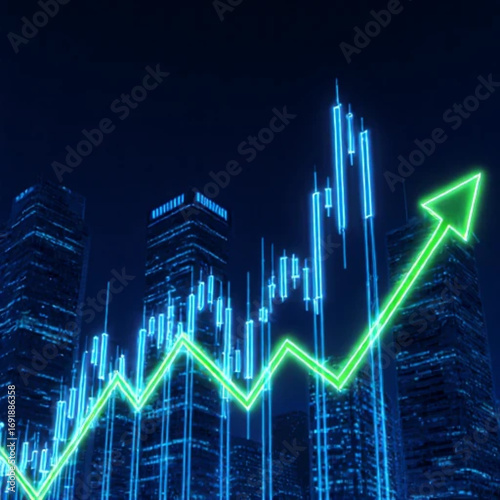 A futuristic digital illustration of the stock market with glowing candlestick charts, neon blue and green lines rising, modern skyscrapers in the background, symbolizing financial growth and investme