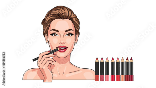 Glamorous woman applying bold red lipstick with a makeup brush surrounded by a collection of colorful lip pencils for a perfect pout