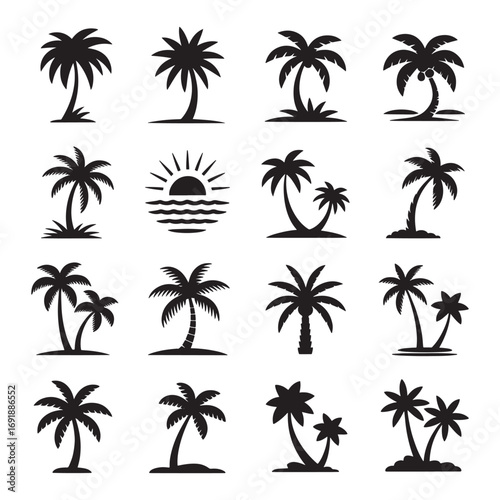 Collection of black silhouette palm trees and a sunset over waves icon tropical island